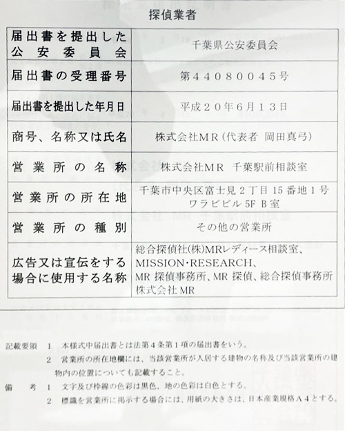 千葉県公安委員会 探偵業届出証明番号 第44080045号