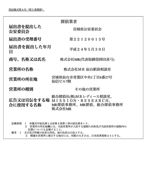 宮城県公安委員会 探偵業届出証明番号 第22120015号