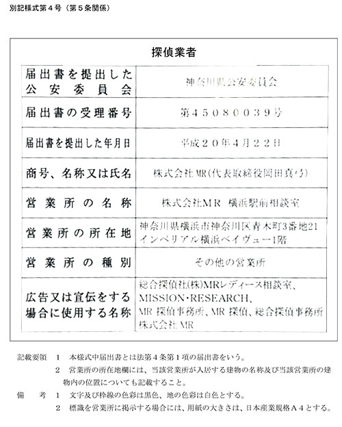神奈川県公安委員会 探偵業届出証明番号 第45080039号