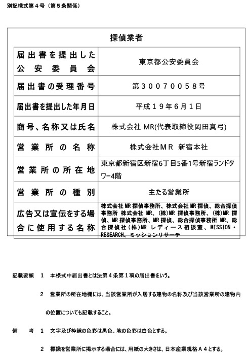 東京都公安委員会 探偵業届出証明番号 第30070058号