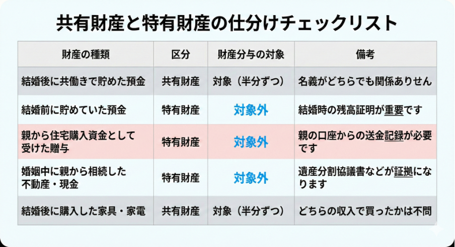 共有財産と特有財産の仕分けチェックリスト